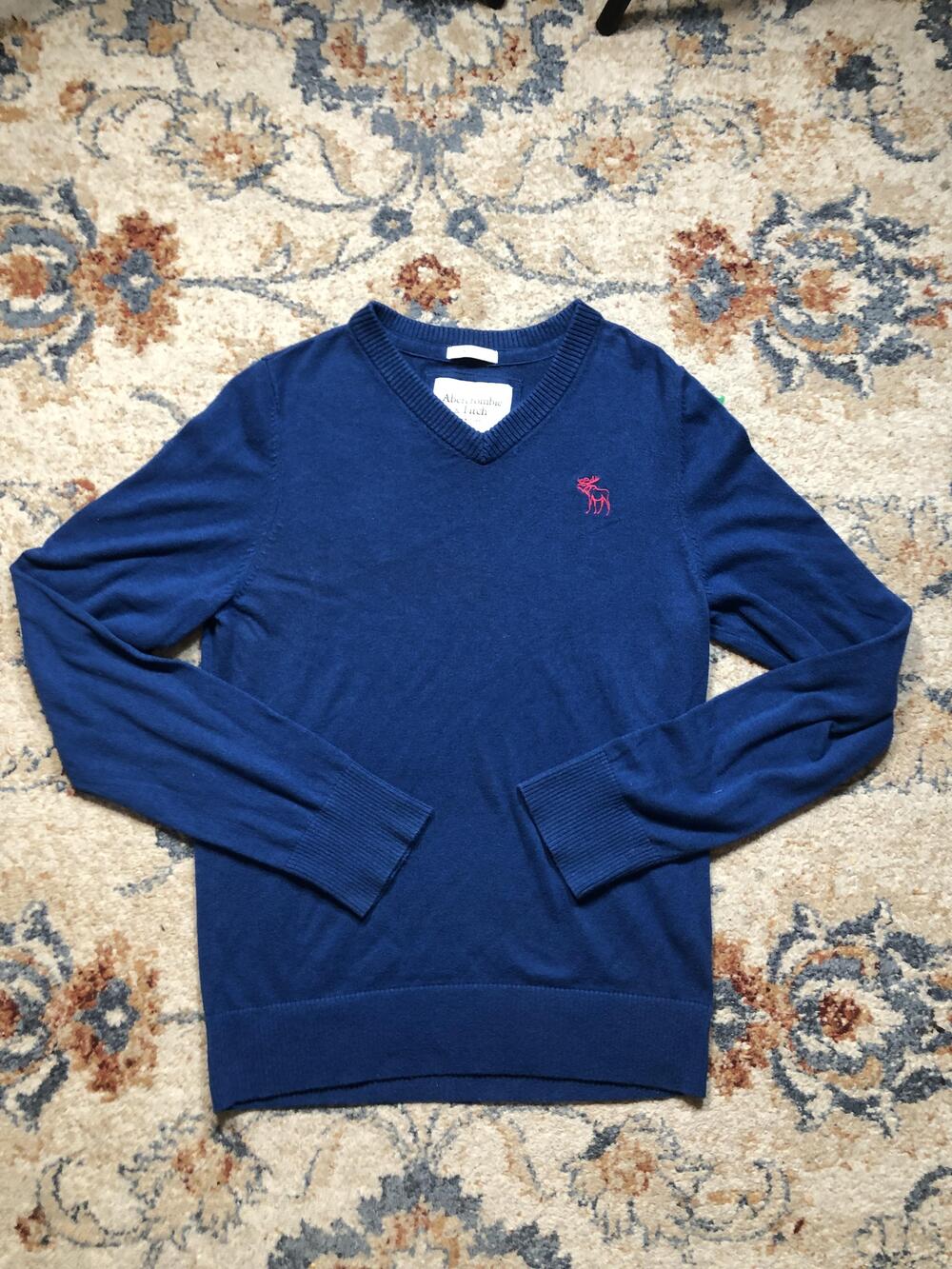 Abercrombie & Fitch Sweater Mens Large Blue V Neck Muscle Pullover Moose Logo